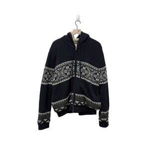 Vince Mens Navy Wool Fair Isle Faux Shearling Lined Zip Up Hoodie Sweater XL
